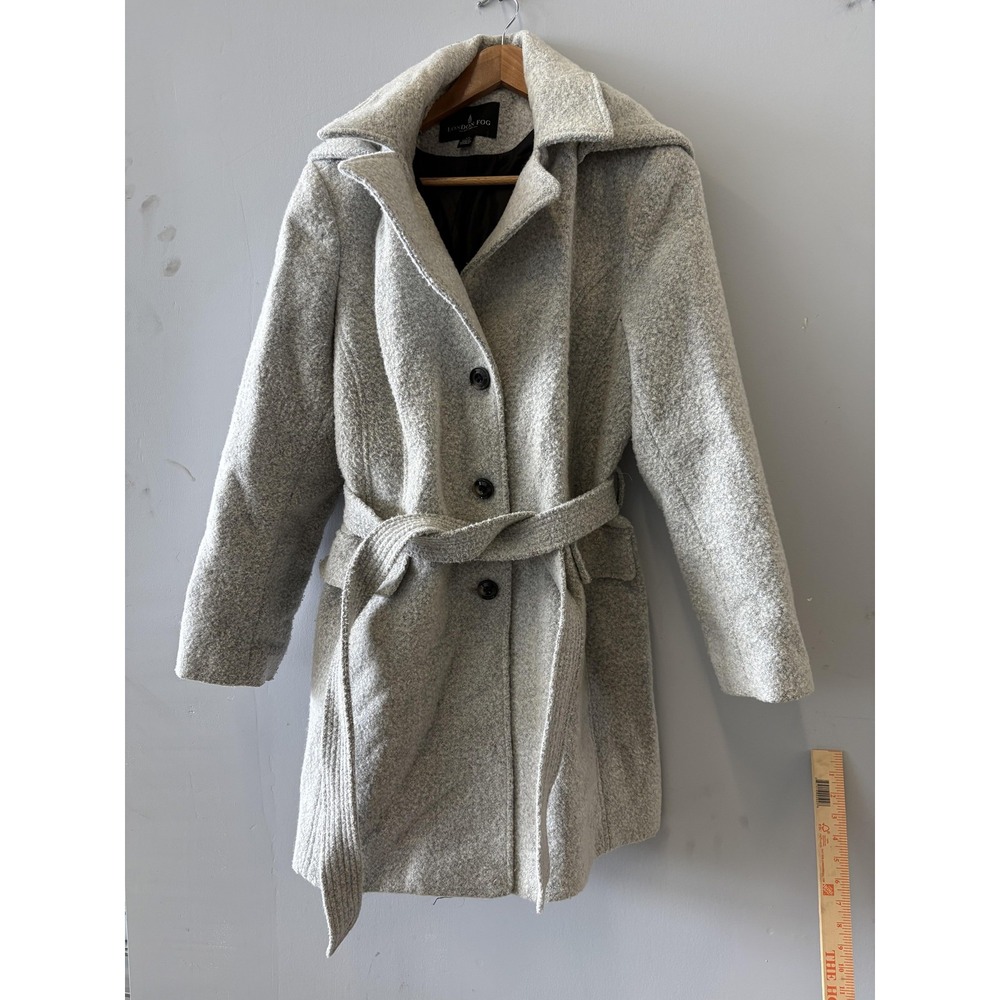 London Fog Coat Womens XL Gray Wool Belted Hooded Parka Mid Length Warm Winter